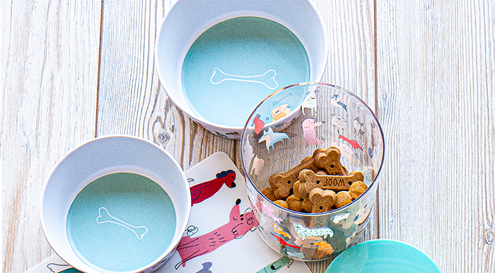 フードボウルと犬用クッキーがジャーボトルに入っている写真